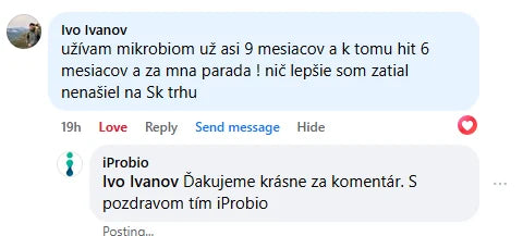 Komentář na Facebooku, Ivo Ivanov: „užívám mikrobiom už asi 9 měsíců a k tomu hit 6 měsíců a za mě paráda! nic lepšího jsem zatím nenašel na slovenském trhu“