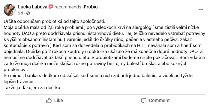 Lucka Labová doporučuje iProbio: „Určitě doporučuji probiotika od této společnosti.“ Dcerka s histaminovou dietou, po 2 letech dobré hodnoty DAO.