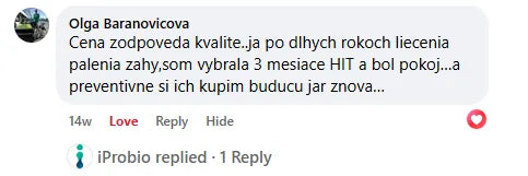 Komentář na Facebooku, Olga Baranovicova: „Cena odpovídá kvalitě..já po dlouhých letech léčení pálení žáhy jsem dobrala 3 měsíce HIT a byl klid...“