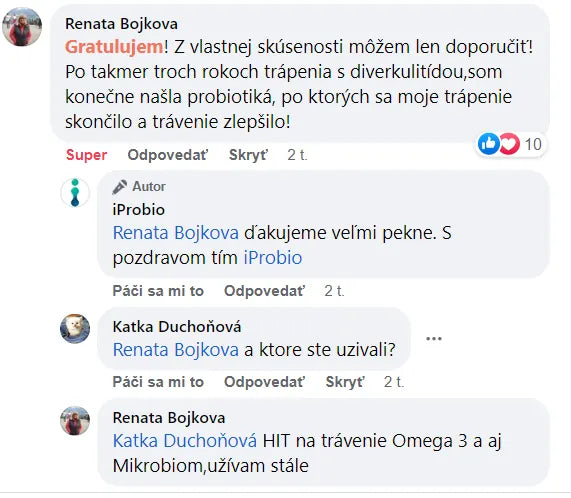 Komentář na Facebooku, Renata Bojkova: „Z vlastní zkušenosti mohu jen doporučit!“ Užívá HIT na Trávení+® a Mikrobióm+®.