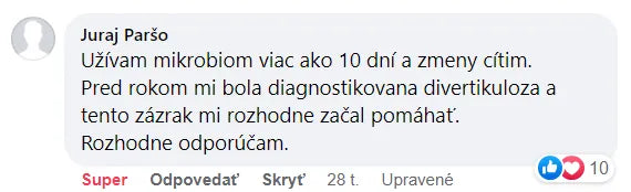 Komentář na Facebooku, Juraj Paršo: „Užívám mikrobiom více než 10 dní a změny cítím.“