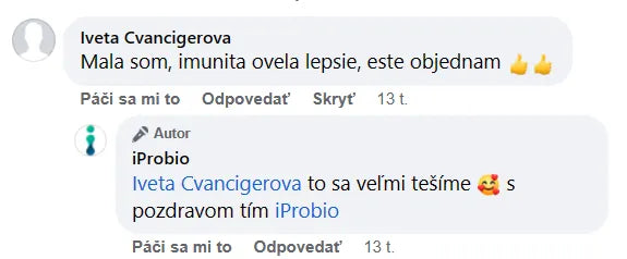 Komentář na Facebooku, Iveta Cvancigerova: „Měla jsem, imunita mnohem lepší, ještě objednám“