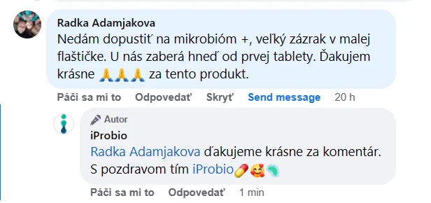 Facebooková recenze zákazníka iProbio na Mikrobióm+®