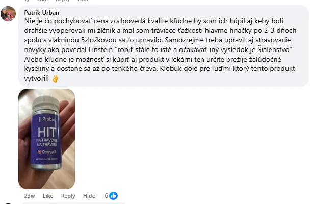 Facebooková recenze zákazníka iProbio na HIT na Trávenie+®