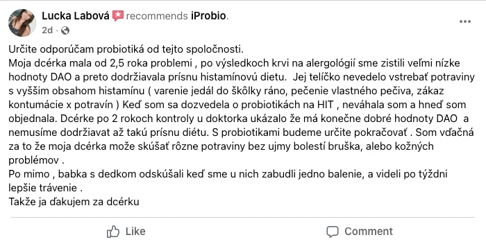 Facebooková recenze zákaznice Lucky Labové, která doporučuje iProbio