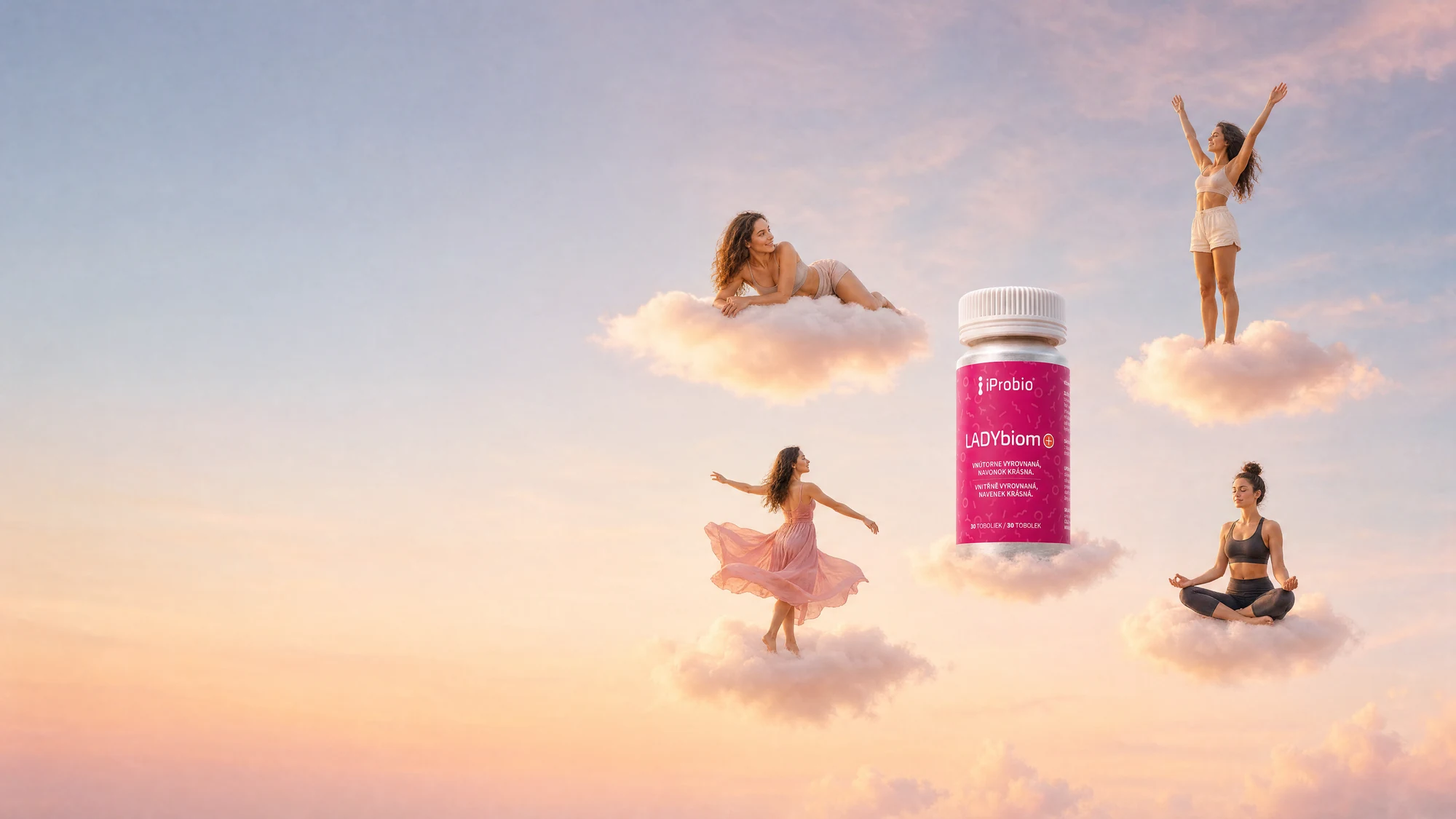 LADYbiom+® mezi oblaky, kolem něj čtyři ženy, každá na vlastním obláčku