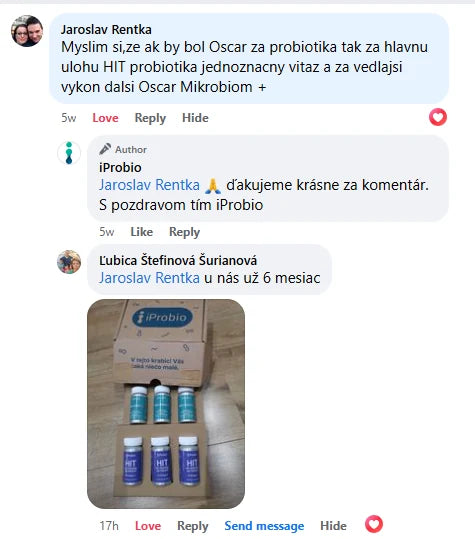 Komentář na Facebooku, Jaroslav Rentka: &bdquo;Myslím si, že kdyby byl Oscar za probiotika, tak za hlavní roli HIT probiotika jednoznačný vítěz a za vedlejší výkon další Oscar Mikrobiom +&ldquo;