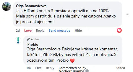 Komentář na Facebooku, Olga Baranovicova: &bdquo;Já s HITem končím 3. měsíc a dali mě do pořádku na 100%. Měla jsem gastritidu a pálení žáhy..neskutečné..všechno je pryč..děkujuuu!!&ldquo;