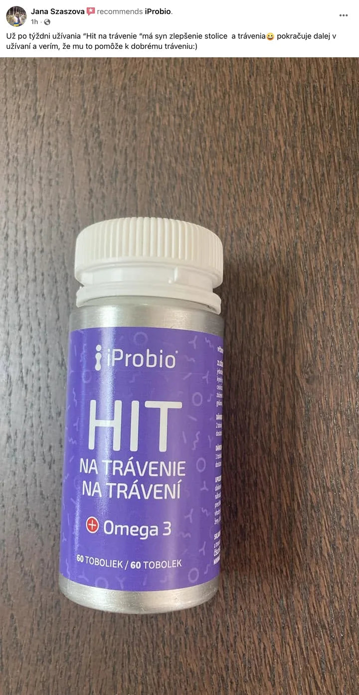 Facebooková recenze zákaznice iProbio na HIT na Trávení+® s fotografií produktu